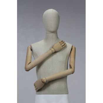 Male mannequin wooden arm, bust and fabric head Y526